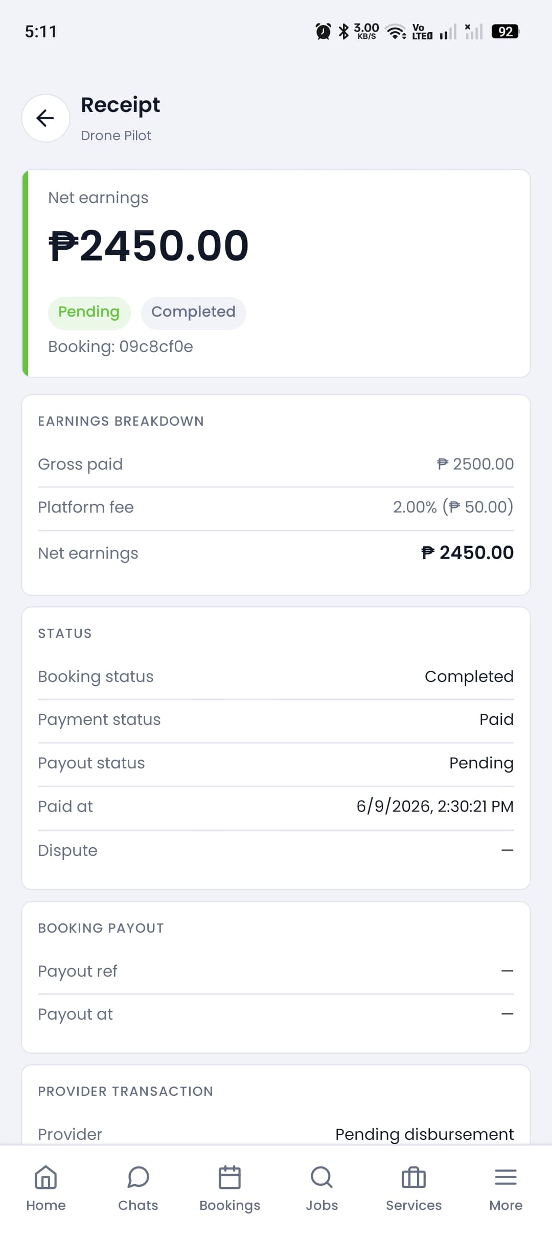 Fee breakdown in app