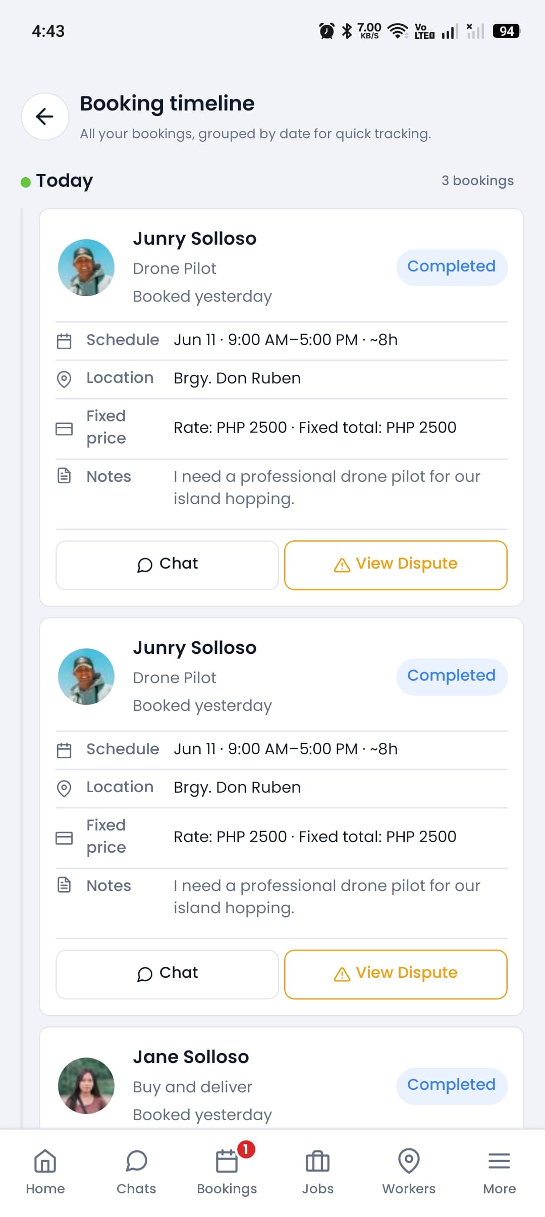 Customer booking timeline showing job status on Workermo
