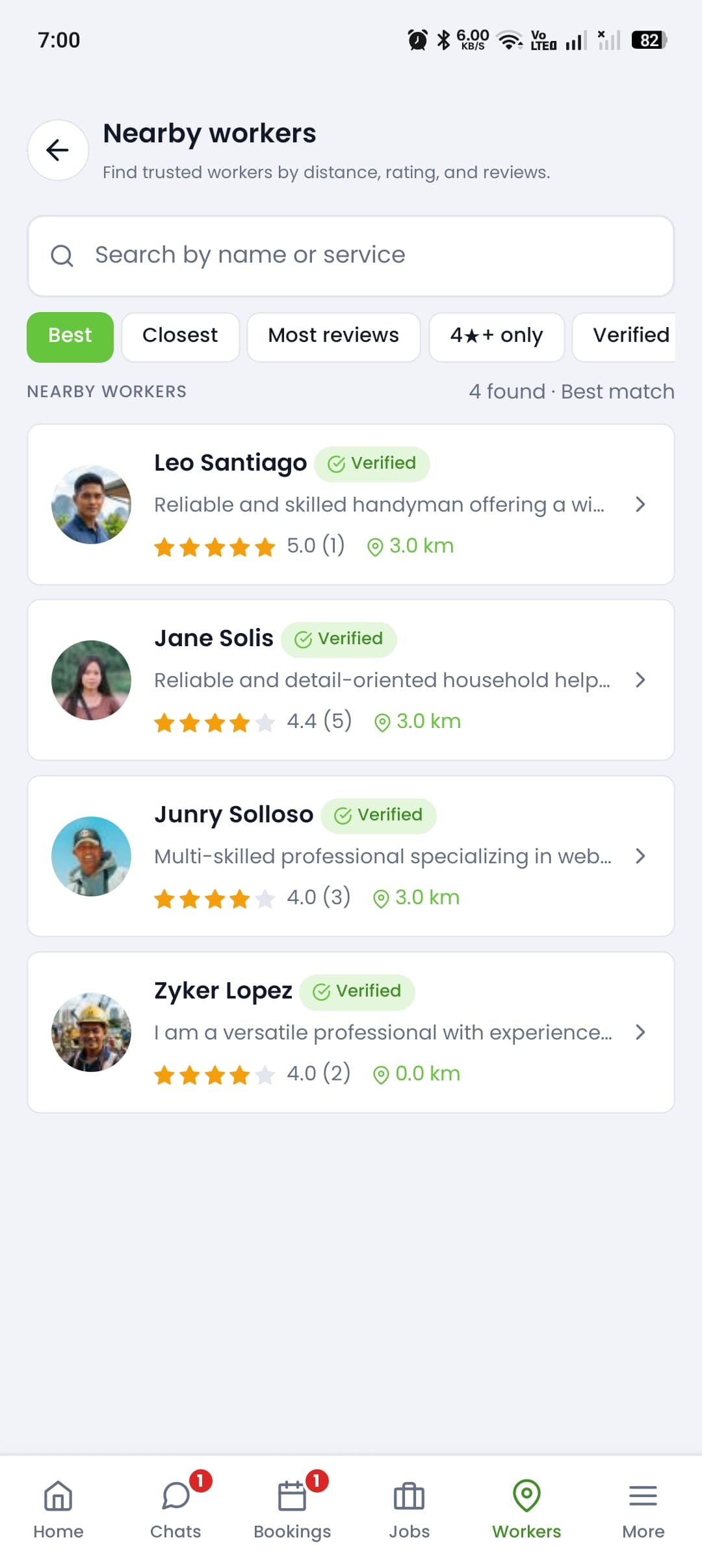 Nearby verified workers list on Workermo