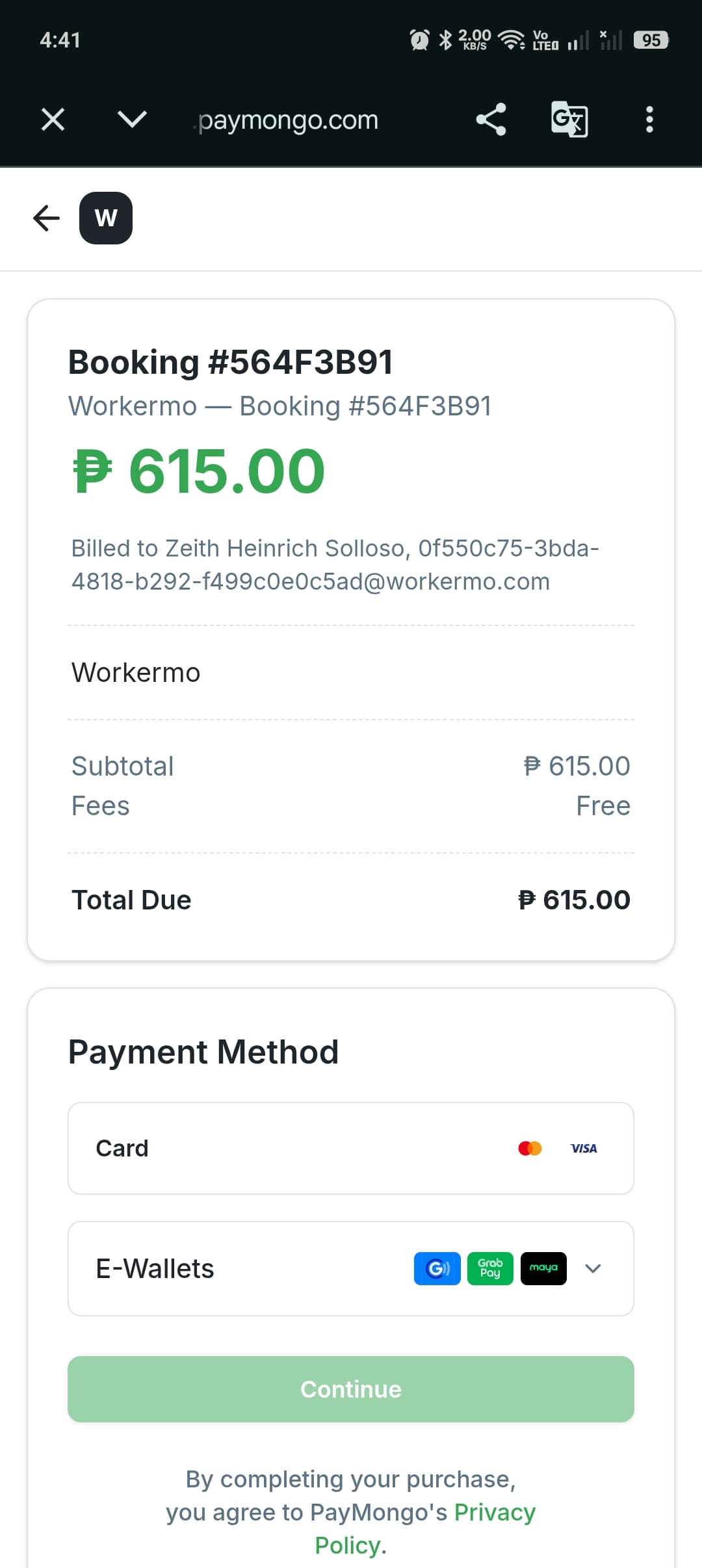 Booking checkout screen showing fee breakdown on Workermo
